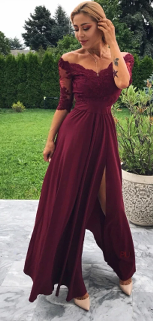 burgundy lace dress Maroon Off Shoulder Half Sleeve Burgundy Lace Long Prom Dresses Evening Dress #SED233