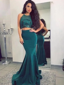 Mermaid Two Piece Teal Sequin Jersey Cheap Long Prom Dresses Evening Dress #SED231