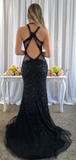 Mermaid Black Rhinestone Open Back Sparkly Prom Dresses Evening Dress #SED234