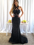 Mermaid Black Rhinestone Open Back Sparkly Prom Dresses Evening Dress #SED234