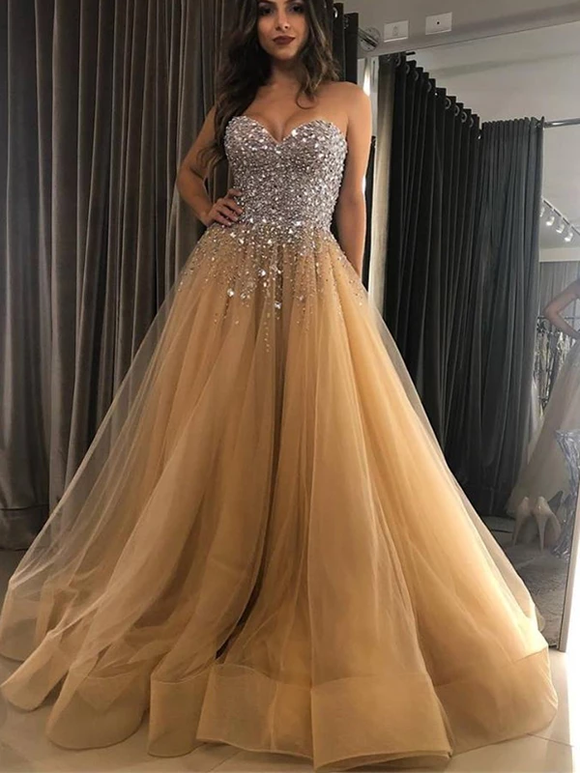 Sweetheart Strapless Ball Gown Rhinestone Sparkly Prom Dresses Evening Dress #SED235