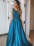 Royal Blue Satin Beading Sleeveless Charming Prom Dresses Evening Dresses #SED238