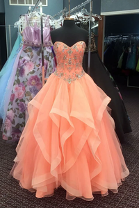 Orange Tulle Strapless Beaded Princess Charming Prom Dresses Evening Dresses #SED240
