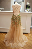 Unique Champagne Open Back Beaded Evening Dress Formal Prom Dress#SED246