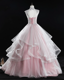 Pink High Neck Tulle Lace Long Prom Dress Senior Lace Up Evening Gown #SED245