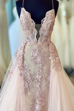Pink Spaghetti Straps Embroidery Lace Long Evening Dress Pink Formal Prom Dress #SED252