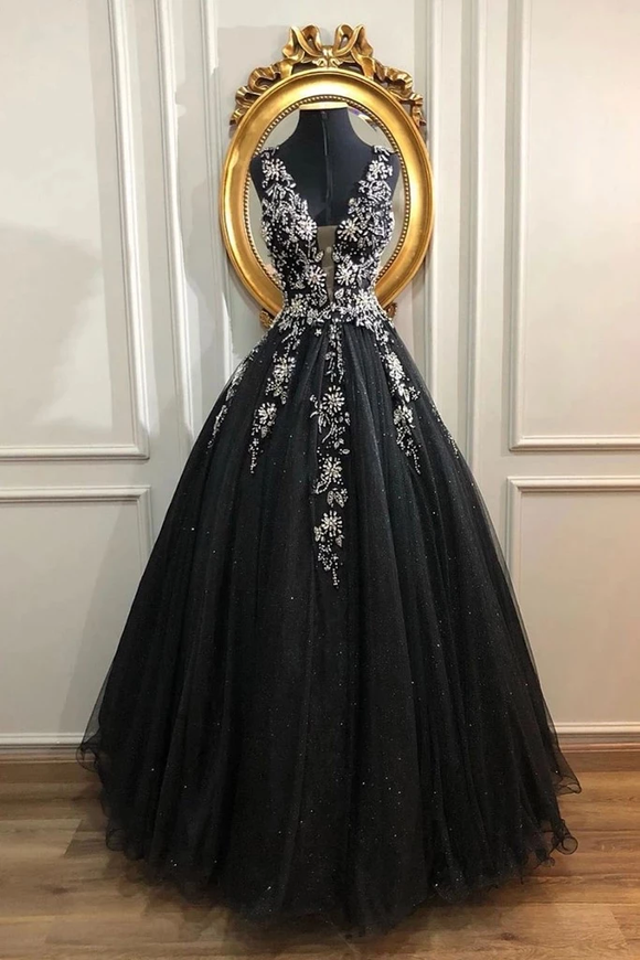 A-line V neck Black Tulle Long Lace Senior Prom Dress Formal Dress #SED255