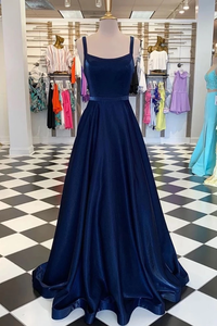 A-line Dark Navy Square Neck Long Prom Dress Simple Cheap Evening Dress #SED256