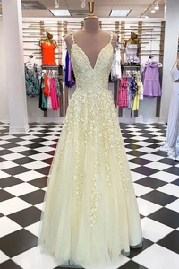 Fresh Yellow Long Lace Applique Tulle Senior Prom Dress Evening Dress #SED248