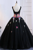 A Line Black Colorful Lace Applique Long Prom Dress Lace Up Formal Dress #SED249