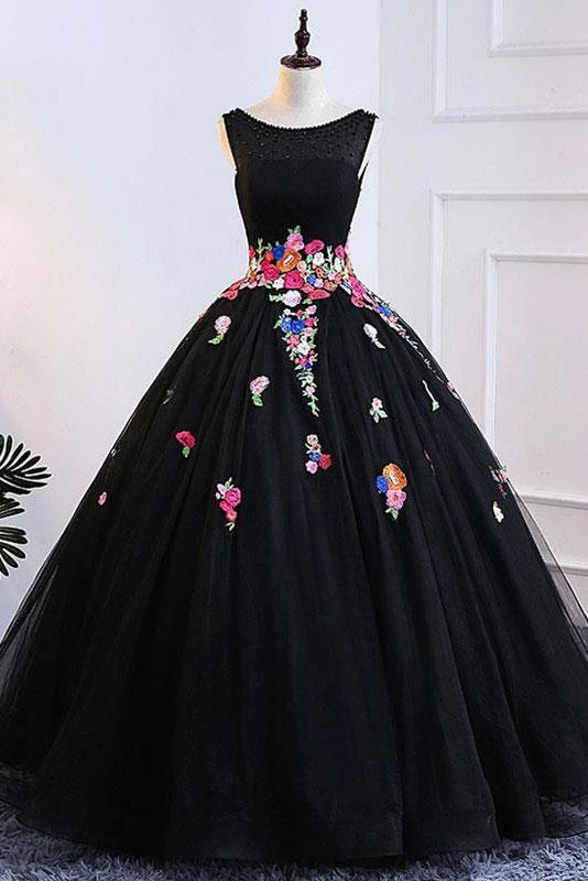 A Line Black Colorful Lace Applique Long Prom Dress Lace Up Formal Dress #SED249