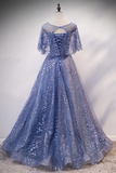 Blue Cap Sleeve Sequins Tulle Long Prom Dress Formal Dress Cheap Evening Dress #SED258