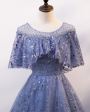 Blue Cap Sleeve Sequins Tulle Long Prom Dress Formal Dress Cheap Evening Dress #SED258