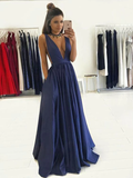 A-line V-neck Floor Length Royal Blue Taffeta Prom Drsess Cheap Evening Gowns #SED261