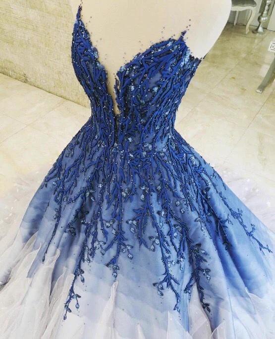 Ombre Prom Dress With Applique Royal Blue Prom Dresses Long Evening Dr – SELINADRESS