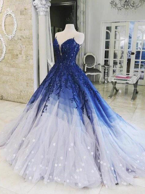 Ombre Prom Dress With Applique Royal Blue Prom Dresses Long Evening Dress #SED262