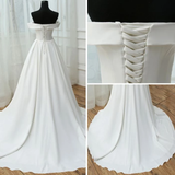 Chic A-line Off Shoulder White Satin Simple Evening Gowns/Wedding Dresses #SED263