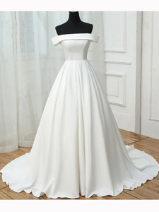Chic A-line Off Shoulder White Satin Simple Evening Gowns/Wedding Dresses #SED263