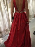 A-line Prom Dresses Long Red V neck Modest Prom Dress Evening Dresses #SED265