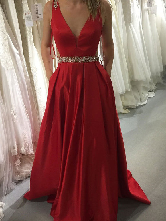 A-line Prom Dresses Long Red V neck Modest Prom Dress Evening Dresses #SED265
