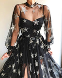 Black High Neck Sparkly Long Sleeve Unique Prom Dress Gorgeous Evening Gowns #SED267