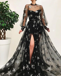 Black High Neck Sparkly Long Sleeve Unique Prom Dress Gorgeous Evening Gowns #SED267