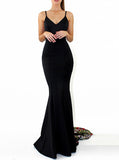 Mermaid Prom Dresses Spaghetti Straps Sweep Train Prom Dress Black Long Evening Dress #SED269