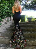 Mermaid Prom Dresses Spaghetti Straps Sweep Train Prom Dress Black Long Evening Dress #SED269