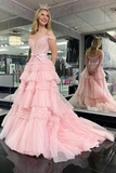 Off-the-shoulder Glitter Tulle Ball Gowns Lace Long Prom Dress Layered Evening Dress SED293|Selinadress