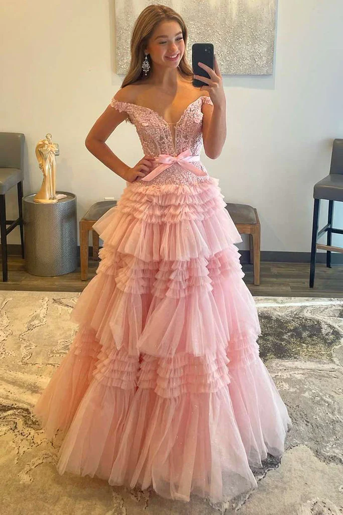 Off-the-shoulder Glitter Tulle Ball Gowns Lace Long Prom Dress Layered SELINADRESS Off-the-shoulder Glitter Tulle Ball Gowns Lace Long Prom Dress Layered SELINADRESS