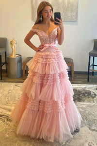 Off-the-shoulder Glitter Tulle Ball Gowns Lace Long Prom Dress Layered Evening Dress SED293|Selinadress