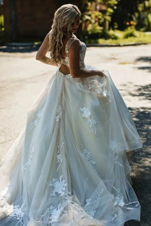 A Line Floral Appliques Beach Wedding Dresses Backless Tulle Wedding Gowns SED360 A Line Floral Appliques Beach Wedding Dresses Backless Tulle Wedding Gowns SED360