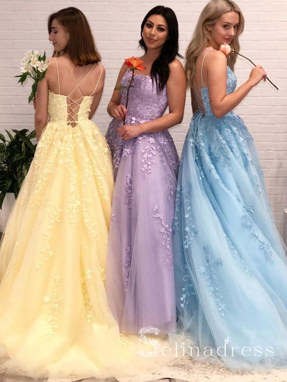 Elegant A Line Spaghetti Straps Purple Lace Long Prom Dress with High –  abcprom