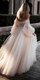 Blushing Pink Long Wedding Dresses Off-the-shoulder Long Sleeve Wedding Gowns SEW001|Selinadress