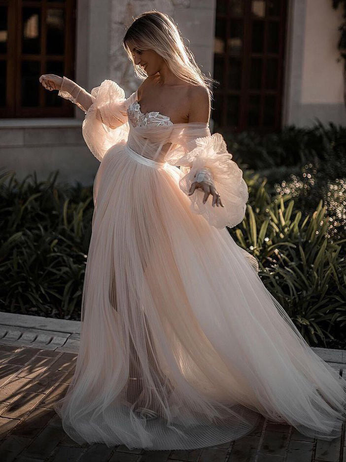 Blushing Pink Long Wedding Dresses Off-the-shoulder Long Sleeve Wedding Gowns SEW001|Selinadress – SELINADRESS