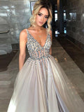 Silver Sparkly Prom Dress Long V neck Beaded A-line Prom Dress/Evening Dresses Formal Gowns SED491|Selinadress