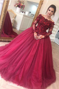 Burgundy Tulle Ball Gown Off-the-Shoulder Long Sleeves Prom Dresses FD010