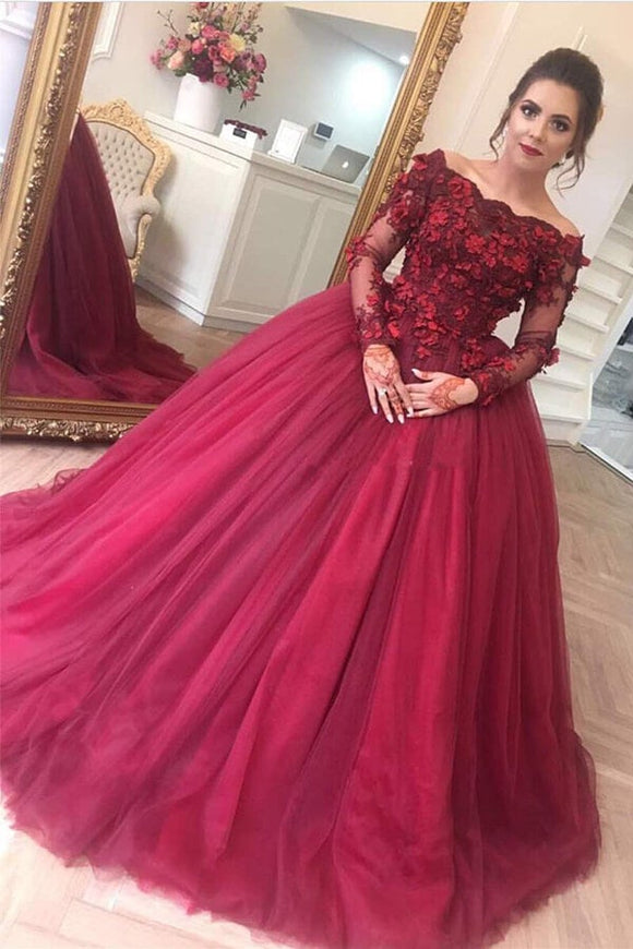 Burgundy Tulle Ball Gown Off-the-Shoulder Long Sleeves Prom Dresses FD010