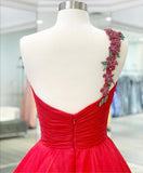 Beaded One-shoulder Long Prom Long Dresses Red Tulle Evening Dress MLSD014