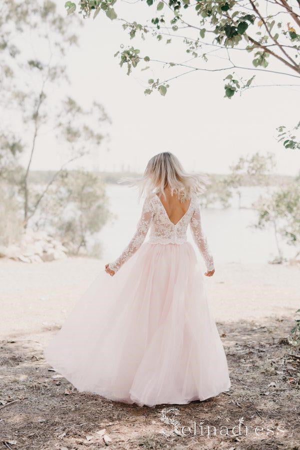 Blushing Pink Two Pieces Country Wedding Dresses Long Sleeve Lace Wedding Dress SEW054 Blushing Pink Two Pieces Country Wedding Dresses Long Sleeve Lace Wedding Dress SEW054