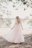 Blushing Pink Two Pieces Country Wedding Dresses Long Sleeve Lace Wedding Dress SEW054