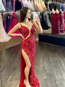 Sheath/Column Spaghetti Straps Beaded Red Long Prom Dresses With Thigh Split Evening Gowns JKW125