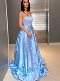 Chic A-line Strapless Light Sky Blue Long Prom Dresses Simple Satin Evening Dresses Pageant Dress TKL069
