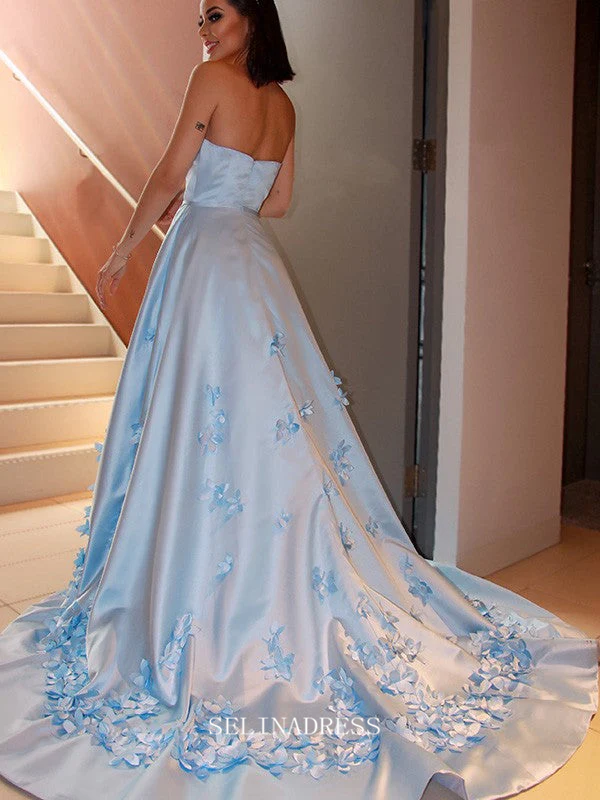 light blue strapless prom dress Modest A Line Long Sky Satin P1432 PreppyDress Whether you choose sky blue for a dreamy look or classic black for bold elegance Mermaid Strapless Sky Blue Split