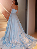 Chic A-line Strapless Light Sky Blue Long Prom Dresses Simple Satin Evening Dresses Pageant Dress TKL069