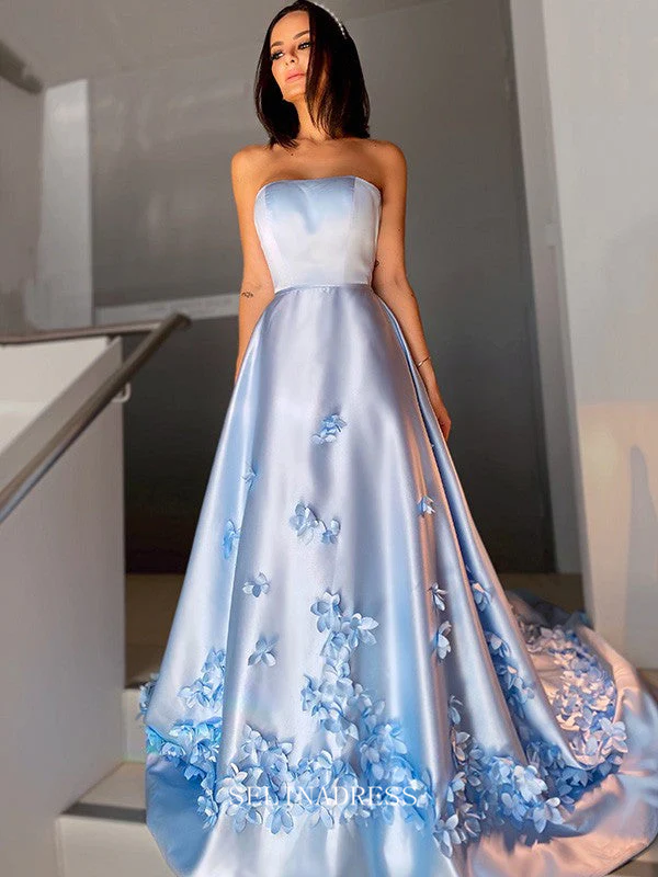 Chic A-line Strapless Light Sky Blue Long Prom Dresses Simple Satin Ev SELINADRESS Chic A-line Strapless Light Sky Blue Long Prom Dresses Simple Satin Ev SELINADRESS