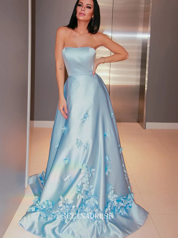 Chic A-line Strapless Light Sky Blue Long Prom Dresses Simple Satin Ev SELINADRESS Chic A-line Strapless Light Sky Blue Long Prom Dresses Simple Satin Ev SELINADRESS