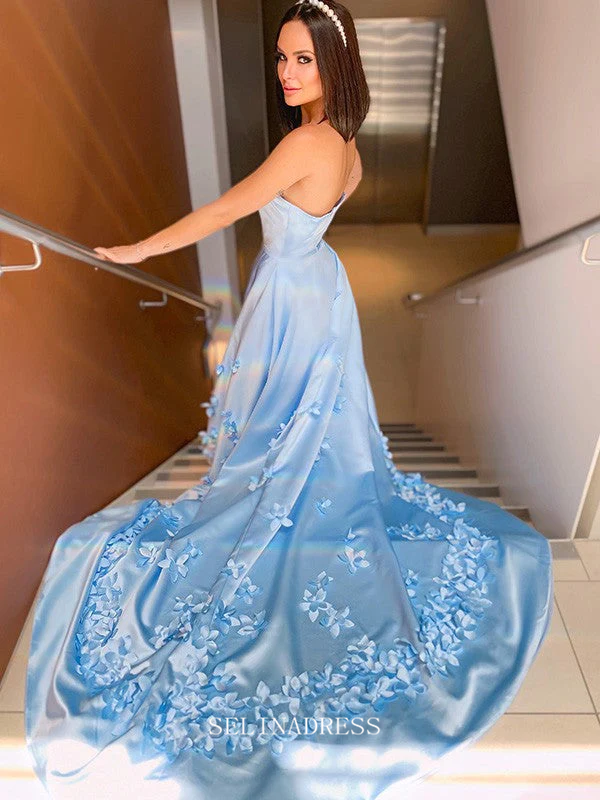 Chic A-line Strapless Light Sky Blue Long Prom Dresses Simple Satin Ev SELINADRESS Chic A-line Strapless Light Sky Blue Long Prom Dresses Simple Satin Ev SELINADRESS