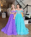 Chic A-line Off-the-shoulder Beaded Long Prom Dresses Feather Long Evening Dress Formal Dresses TKP001
