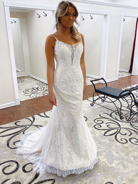 Trumpet/Mermaid Spaghetti Straps Lace  Bridal Gonws Backless Wedding Dress SEW063|Selinadress